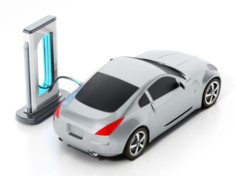 Car standing near charging station connected with a cord. 3D illustration.