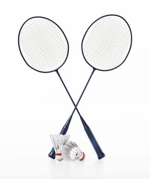 Badminton shuttlecocks and rackets isolated on white background. 3D illustration.
