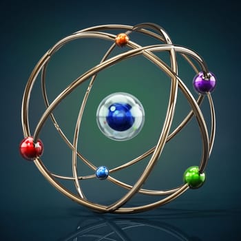 Fictitious atom model with core and orbiting spheres. 3D illustration.