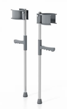 Pair of crutches isolated on white background. 3D illustration.