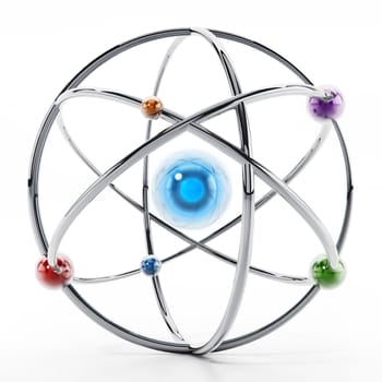 Fictitious atom model with core and orbiting spheres. 3D illustration.