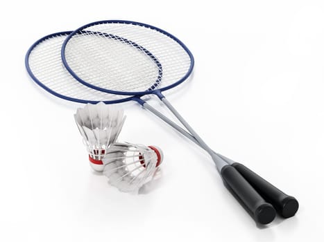 Badminton shuttlecocks and rackets isolated on white background. 3D illustration.