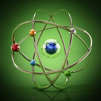 Fictitious atom model with core and orbiting spheres. 3D illustration.