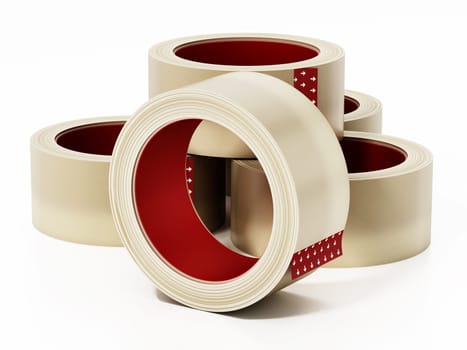 Adhesive clear tapes isolated on white background. 3D illustration.