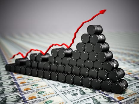 Crude oil drums standing on dollar bills. Rising oil prices concept. 3D illustration.