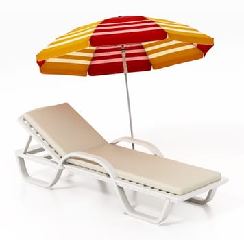 Sunbed and umbrella isolated on white background. 3D illustration.