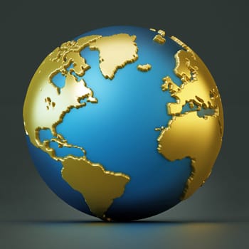Blue and gold colored globe isolated on black. 3D illustration.