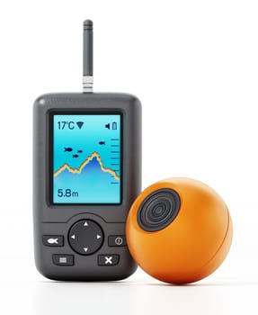 Digital fish finder and orange underwater probe isolated on white background. 3D illustration.