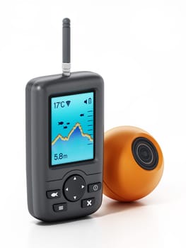 Digital fish finder and orange underwater probe isolated on white background. 3D illustration.