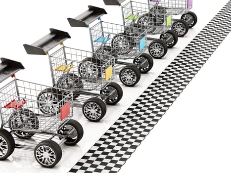 Shopping carts with sports tyres and a spoiler waiting at the start line. 3D illustration.