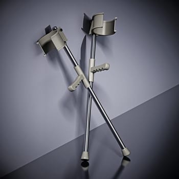Pair of crutches standing next to the wall. 3D illustration.