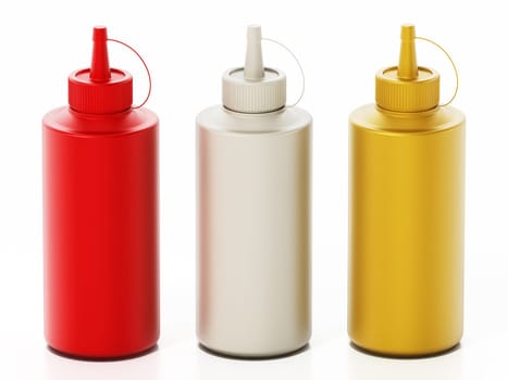Ketchup, mayonnaise and mustard bottles isolated on white background. 3D illustration.