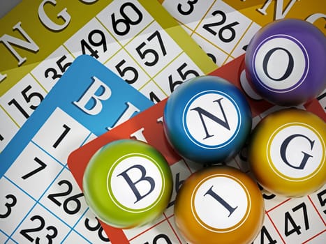 BINGO game cards and balls forming bingo word. 3D illustration.