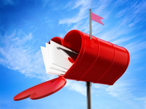 Open heart shaped mailbox full of love letters. 3D illustration.
