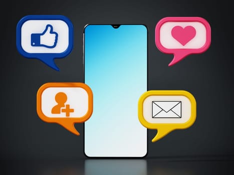 Social media symbols inside speech balloons on smartphone. 3D illustration.