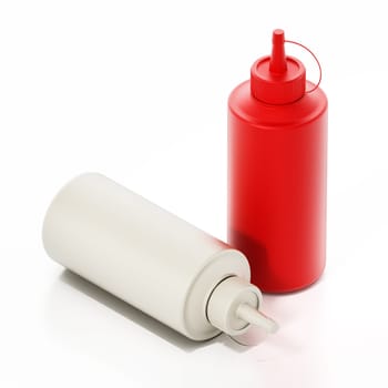 Ketchup and mayonnaise bottles isolated on white background. 3D illustration.
