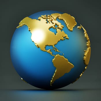 Blue and gold colored globe isolated on black. 3D illustration.