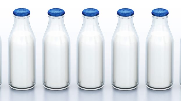 Milk bottles in a row isolated on white background. 3D illustration.