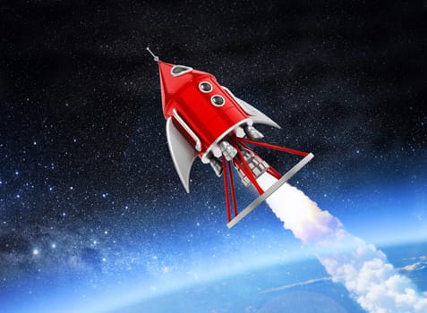 Vintage space rocket leaving the Earth's atmosphere. 3D illustration.