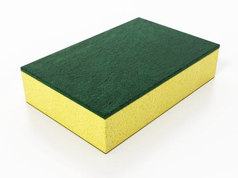 Yellow and green colored kitchen sponge isolated on white background. 3D illustration.