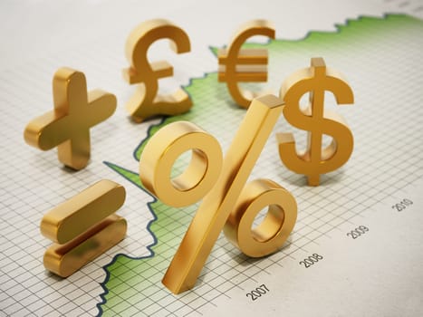Financial symbols on statistics graph. 3D illustration.