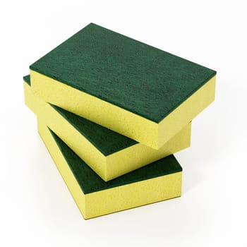 Yellow and green colored kitchen sponges isolated on white background. 3D illustration.