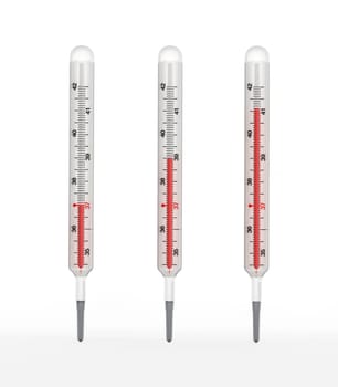 Vintage thermometers showing rising levels of fever. 3D illustration.
