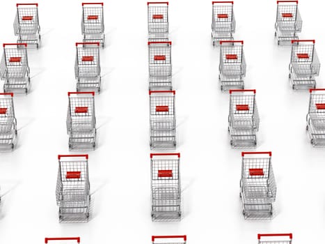 Shopping carts in a row isolated on white background. 3D illustration.