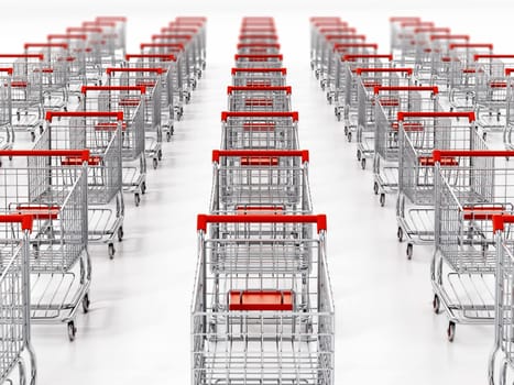 Shopping carts in a row isolated on white background. 3D illustration.