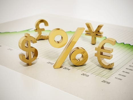 Financial symbols on statistics graph. 3D illustration.