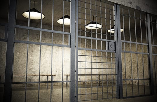Prison cell with closed door and old dirty walls. 3D illustration.