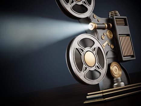 Vintage movie projector with volumetric light beam. 3D illustration.