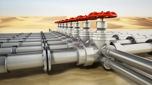 Valves and pipes across the desert. 3D illustration.