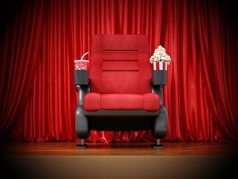 Cinema chair standing on stage in front of thr curtain. 3D illustration.