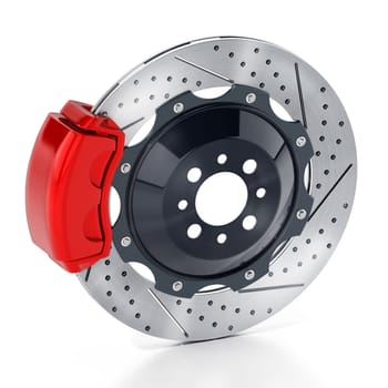 Performance brake disc and red brake pad isolated on white background. 3D illustration.