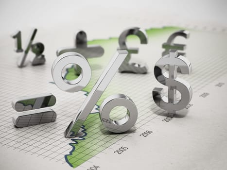 Financial symbols on statistics graph. 3D illustration.