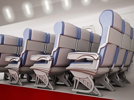 View of an airplane corridor with row of seats. 3D illustration.