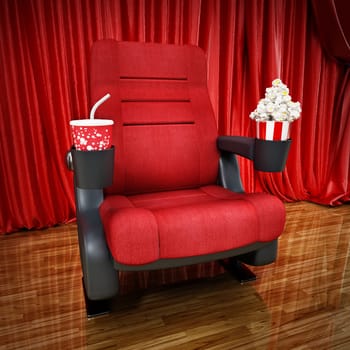 Cinema chair standing on stage in front of thr curtain. 3D illustration.