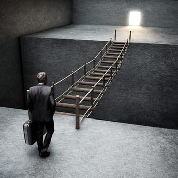 Businessman standing in front of the ladders leading to the bright keyhole. 3D illustration.
