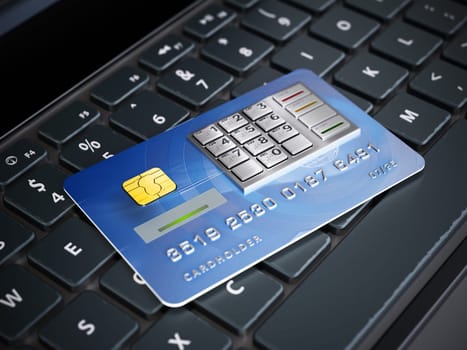 Fictitious credit card with ATM keypad standing on the keyboard. 3D illustration.