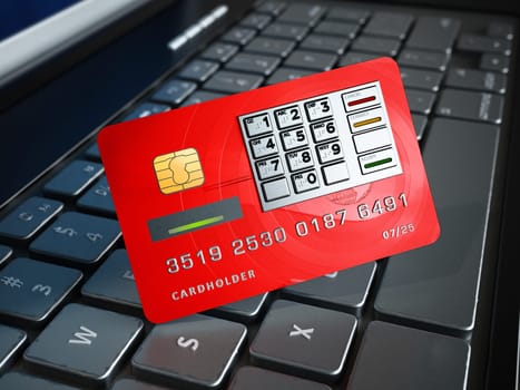 Fictitious credit card with ATM keypad standing on the keyboard. 3D illustration.