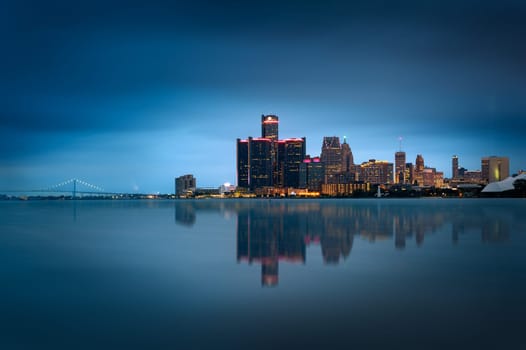 Detroit, Michigan skyline at night shot from Windsor, Ontario, USA