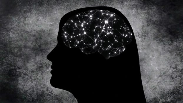 Portrait of Woman silhouette with Brain Connections Of Neurons,Portrait of Woman silhouette with Brain Connections Of Neurons