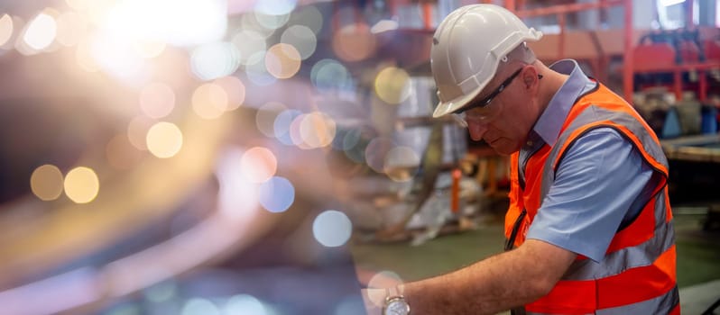 Professional worker pressing buttons on machine control board, technician operating machinist pressing emergency stop button on control panel in factory