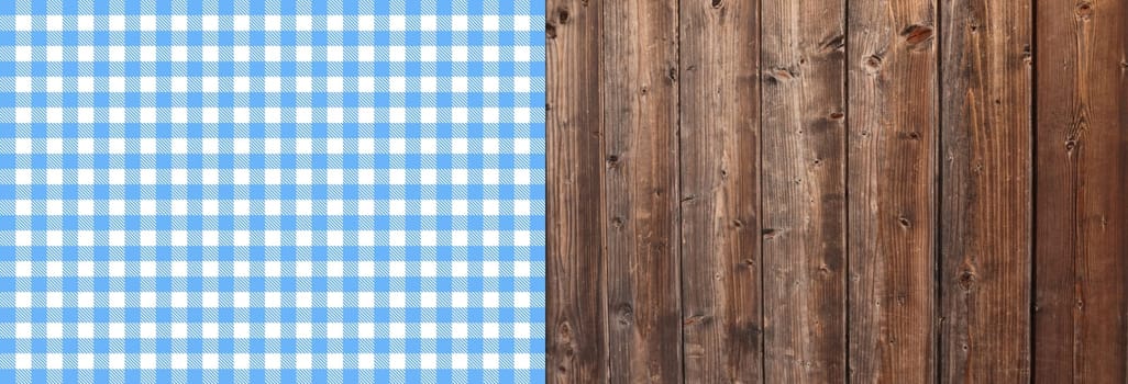 Old rustic brown wooden planks with blue and white checkered tablecloth texture