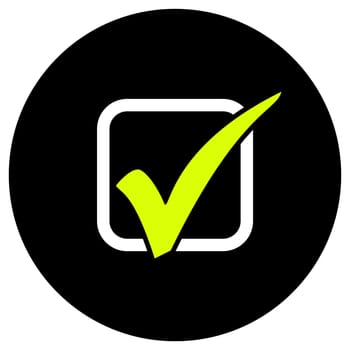 Black round button with white green check mark symbol