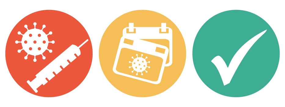 3 colorful Buttons red, orange and green showing: Covid-19 Concept - Vaccinated, or Recovered