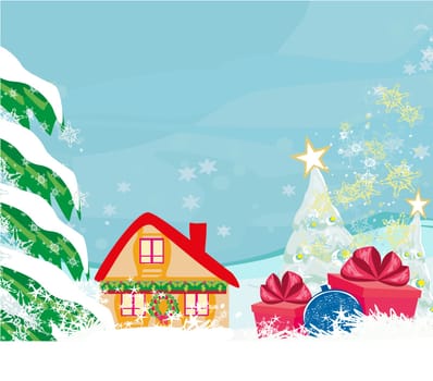 Abstract Christmas card with a surprise gift and winter landscape