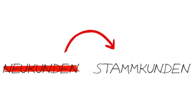 New customers or steady customers in german language - Handwritten text with arrow on white background