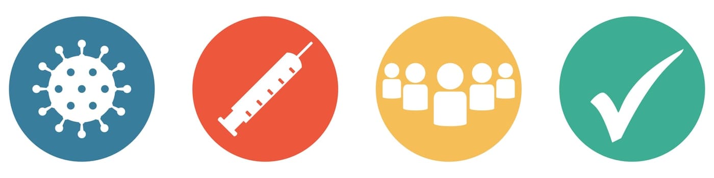 4 colorful Buttons blue, red, orange and green showing: Covid-19 vaccination Concept - Vaccinated Population